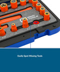 Close-up of Pro Grade 25 Piece Quarter Inch Drive Insulated Socket And Attachment Set With SAE And Metric Sockets, dual color foam organizer.
