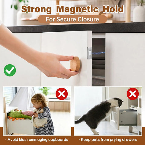 Hand closing cabinet with Ultra Thin Magnetic Cabinet Catch Set With No Drill Adhesive, Stainless Steel Latches for secure hold.