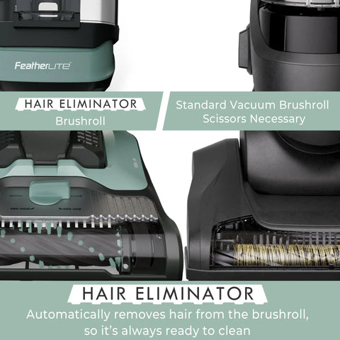 Lightweight Bagless Upright Vacuum With Massive Dust Cup And Smooth Swivel Steering brushroll detail showing hair eliminator feature.