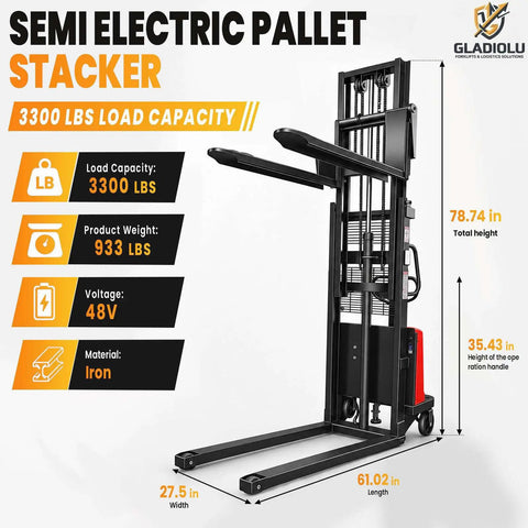 Heavy Duty Semi Electric Pallet Stacker With 3300 Lbs Capacity And 94 Inch Lift Height Built Dang Tough features specs and dimensions.