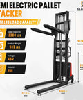 Rock Solid Semi Electric Pallet Stacker With 3300 Lbs Capacity And 94.8 Inch Lift Height, front view with dimensions and specifications.