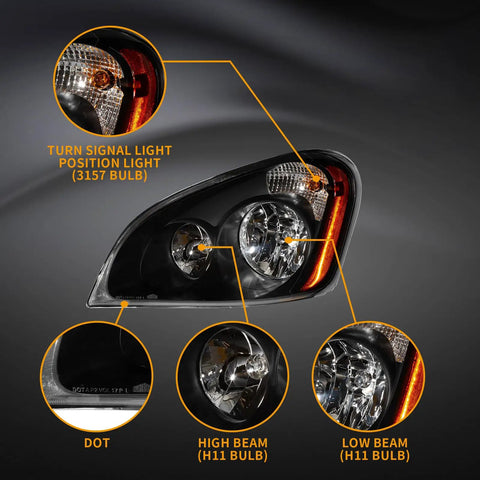 Pair Black Housing Headlights For Freightliner Cascadia 2008 2016 With All Bulbs Included Waterproof IP65 Truck Headlamps details and annotations