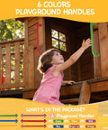 Child climbing wooden playhouse with Six Colors 17.1 Inch Indoor Monkey Bars Handles Set 6 Pack Kid Friendly One Inch Diameter