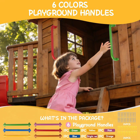 Child climbing wooden playhouse with Six Colors 17.1 Inch Indoor Monkey Bars Handles Set 6 Pack Kid Friendly One Inch Diameter