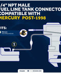 Diagram of brass quarter inch NPT male fuel tank connector for Mercury outboard engines post 1998 ethanol ready.
