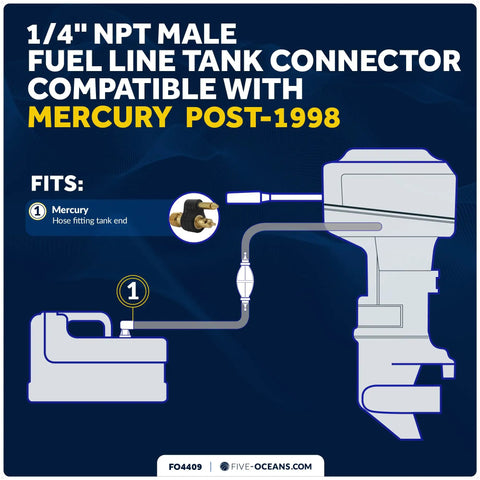 Diagram of brass quarter inch NPT male fuel tank connector for Mercury outboard engines post 1998 ethanol ready.