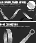 Braided copper wire from the 14 Piece Ground Straps Set For Your Ride, showing tinned copper and strong connection with connectors.