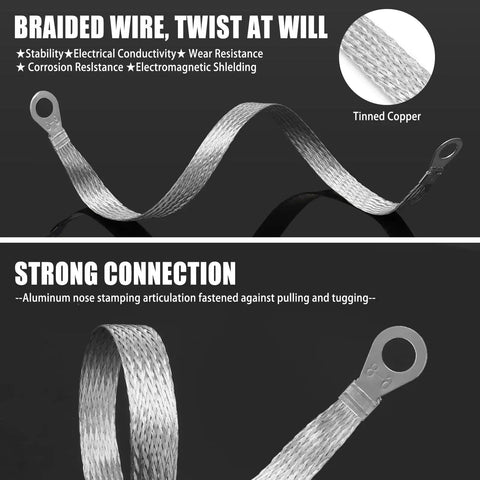 Braided copper wire from the 14 Piece Ground Straps Set For Your Ride, showing tinned copper and strong connection with connectors.