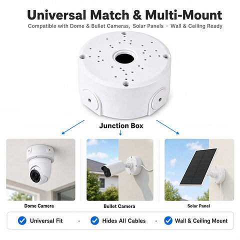 Universal Security Camera Junction Box Plastic Cable Management Box 3-Pack Fits Most Cameras Up To 4.3 Inches Dome Turret And Bullet Styles, Keeps Wires Neat And Protected For Indoor Or Outdoor Installations. White plastic junction box for dome, bullet camera, and solar panel mounts.