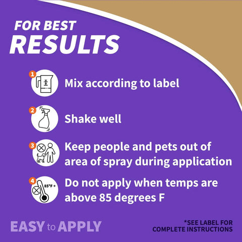 Instructions for using Fruit Tree Spray Concentrate For Organic Gardening Insect And Disease Control Protects Apple, Pear, Citrus And Nut Trees From Powdery Mildew, Blight, Black Spot, Mold And Other Fungal Attacks 16 oz Concentrate showing mixing, shaking, safety, and temperature guidelines.