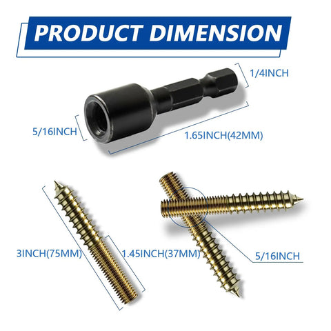 Product dimensions of 20 Pack Beefy 5/16-18 X 3 Inch Hanger Bolts Bulletproof Gold Double Headed Bolts and driver bit.