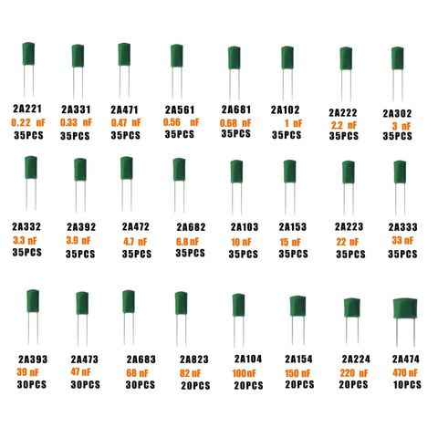 Beefy 740 Piece Capacitor Kit With 24 Value Metalized Mylar Film Capacitors 0.22nF To 470nF At 100V DC Tolerance 5 Percent grid.