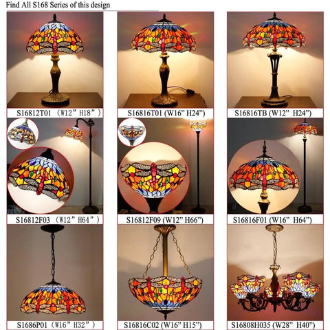 Collage of Tiffany Style Floor Lamps With Bold Orange Blue Dragonfly Stained Glass Shade, various sizes, antique bronze bases.
