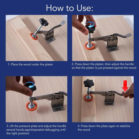 4 Pack Stainless Steel Toggle Clamp Set With Anti Slip Rubber Tips being used to secure wood on workbench for drilling or assembly