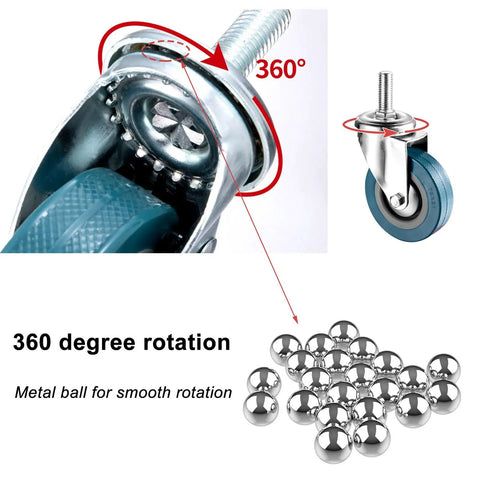 Rock Solid Swivel Casters With Quiet Locking Brakes And Scratch Guard Pvc Treads For Furniture Carts Desks Plus Workbenches close-up of 360-degree swivel mechanism and metal ball for smooth rotation.