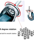 Top Notch Silent Swivel Caster Wheels With Bulletproof Locking Brake Set Of Four Threaded Stem M10 To M12 showing 360-degree rotation and metal ball feature.
