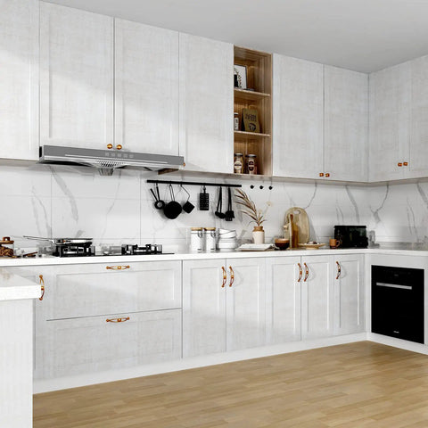 Modern kitchen with cream cabinets using Grasscloth Linen Textured Cream Peel And Stick Wallpaper Roll 24 Inch By 394 Inch for decor.