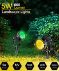 RGB Landscape Lighting Kit 8 Pack 5W Low Voltage 12V Outdoor LED Spotlight With Remote Control IP66 Waterproof Garden Pathway Lights 600 Lumens 90 Degree Beam 270 Degree Adjustable Heads Dope Yard Decor Vibe in use, illuminating a garden scene with green and yellow light.