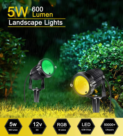 RGB Landscape Lighting Kit 8 Pack 5W Low Voltage 12V Outdoor LED Spotlight With Remote Control IP66 Waterproof Garden Pathway Lights 600 Lumens 90 Degree Beam 270 Degree Adjustable Heads Dope Yard Decor Vibe in use, illuminating a garden scene with green and yellow light.