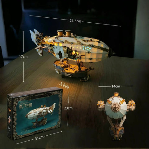 Victorian Steampunk Airship 3D Puzzle Model DIY Kit for Adults With 648 Pieces Buildable Dirigible Craft displayed with box