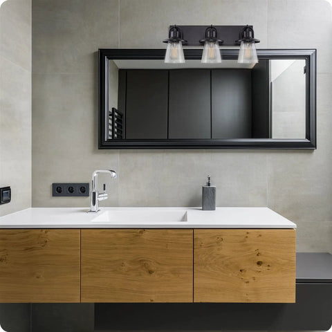 Bathroom interior with 24-Inch 3-Light Modern Farmhouse Vanity Light With Hanging Lantern Style And Seeded Glass Shades In Bold Black Finish