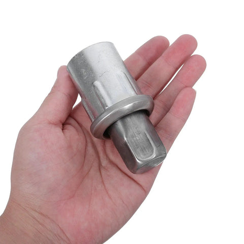 Hand holding adjustable stainless steel table leveling foot 2.8 to 3.6 inches for 1.5 inch OD furniture legs, easy height tuning