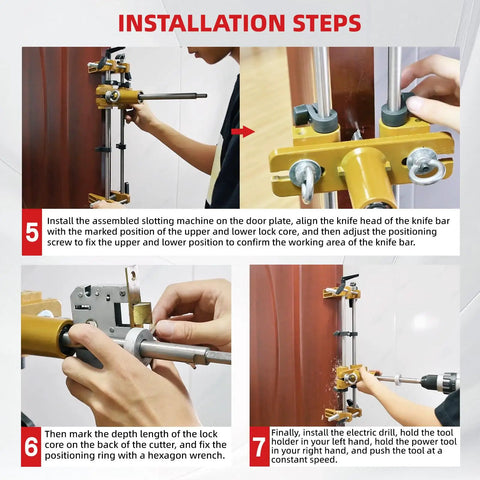 No Sweat Door Lock Installation Kit Featuring Hella Tough Tungsten Steel Cutters And Razor Sharp Chisel for aligning knife bar during installation steps.