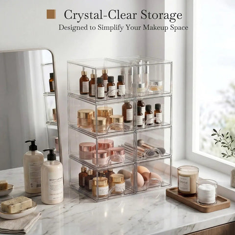 Eight Pack Clear Stackable Storage Drawers Hella Durable Water Resistant Desktop Organizer For Cosmetics And Craft Gear Helping You Keep Your Space Totally Snazzy with various cosmetics on display.
