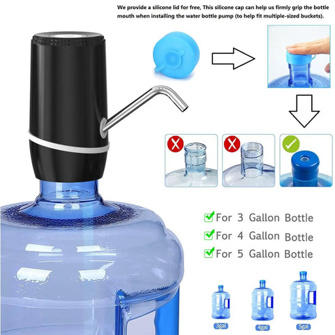 Two Pack Electric Portable Five Gallon Water Dispenser With Micro USB Charging Water Bottle Pump For 3 To 5 Gallon Jugs And Silicone Cap Great For Home Office Easy To Use Durable Build With Two Year Replacement Warranty, installed on jug.