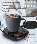 Always Keep Your Daily Grind Nice And Toasty With This Electric Coffee Mug Warmer Featuring Five Heat Settings Plus A Sleek Touch Pad Auto Shut Off Keeps Your Office Setup Secure, displaying a cup on a black warming pad.