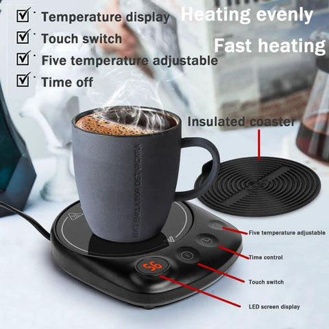 Always Keep Your Daily Grind Nice And Toasty With This Electric Coffee Mug Warmer Featuring Five Heat Settings Plus A Sleek Touch Pad Auto Shut Off Keeps Your Office Setup Secure, displaying a cup on a black warming pad.