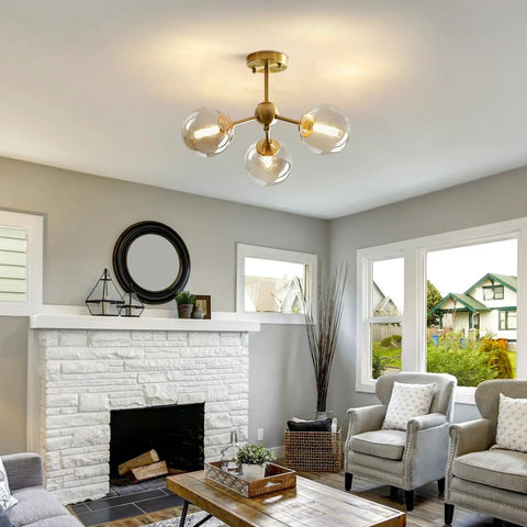 Living room with Amber Glass Bubble Sputnik Chandelier In Brass Gold Finish, 3 Light Semi Flush Mount Ceiling Light For Kitchen, Bedroom, Hallway, Soft Warm Glow And Modern Farmhouse Vibe