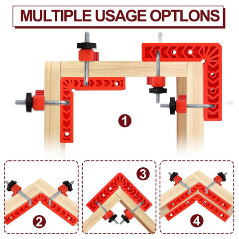 Hella Sturdy 90 Degree Corner Clamp Set 12 Piece Woodworking Kit includes red plastic clamps securing wooden frames in multiple configurations.