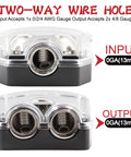 Power Distribution Block For Car Audio With One 0 Gauge In And Two 0 Gauge Out, Beefy Circuit Protection, Grounding And Splitting Block, Heavy Duty Wiring Connector, Includes Installation Kit With Screws And Allen Wrench, clear dual-output block front view