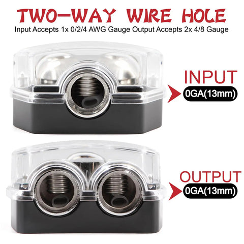 Power Distribution Block For Car Audio With One 0 Gauge In And Two 0 Gauge Out, Beefy Circuit Protection, Grounding And Splitting Block, Heavy Duty Wiring Connector, Includes Installation Kit With Screws And Allen Wrench, clear dual-output block front view