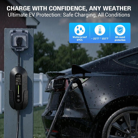 Smooth Operator Portable EV Charger Delivers No Sweat Level One And Level Two Charging For Tesla Rides, waterproof in rain.