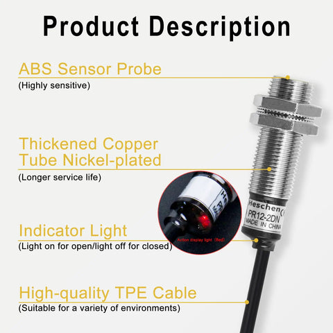 Inductive Proximity Sensor Switch M12 Cylindrical 2mm Sensing, DC 12 To 24V, 3-Wire NPN Normally Open, PR12-2DN, Shielded Flush Mount, CE Certified Industrial Grade Sensor, nickel-plated M12 probe with cable