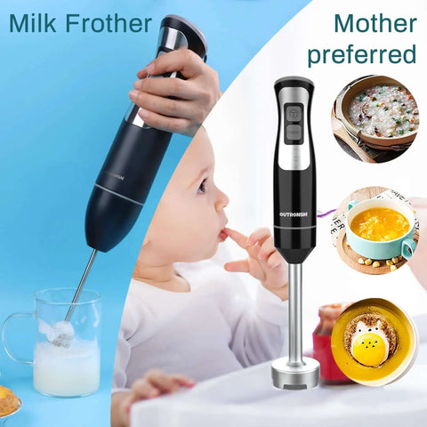 No Fuss Handheld Immersion Blender Built With Heavy Duty Stainless Steel Blades And Quick Release Milk Frother Plus Egg Whisk Tool For Stress Free Smoothies Soups, shown with child and milk frothing action.