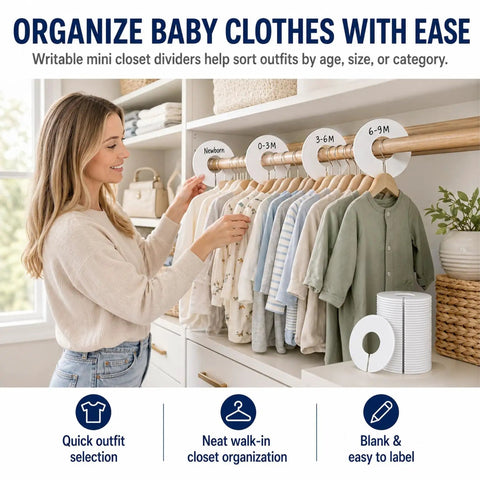 Woman organizing baby clothes with 30 Pack White Closet Dividers for Baby Clothes, No Fuss Easy Label System to Separate Sizes