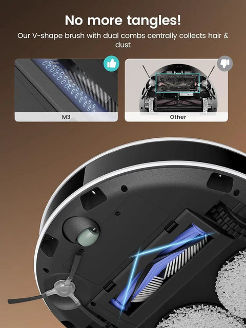All In One Robot Vacuum And Mop With 12000Pa Suction 90 Day Self Emptying Dock Obstacle Avoidance Auto Mop Washing And Drying Pet Hair Carpet Cleaner 5G WiFi Alexa App And iWatch Control Model M3 showing underside and V-shape brush