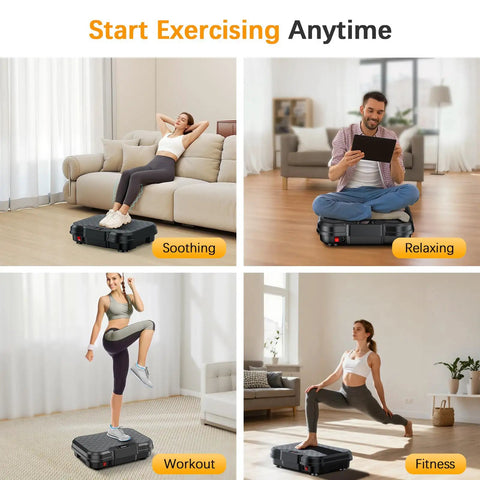 People using a Vibration Plate Exercise Machine For Home Workouts No Gym Needed Platform With 250 Speeds And 500 Lb Capacity.