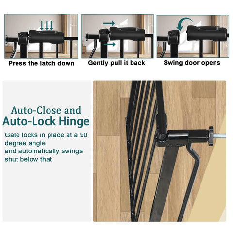 Extra Wide Baby Gate For Doorways And Stairs, Pressure Mounted Black Metal Walk Through Design showing auto-close feature