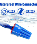 Blue waterproof wire connector in water, 15 Pieces Waterproof Wire Connectors 22AWG To 14AWG Outdoor Seal Twist Nuts Caps Cable Terminal