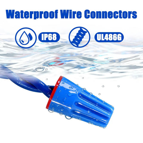Blue waterproof wire connector in water, 15 Pieces Waterproof Wire Connectors 22AWG To 14AWG Outdoor Seal Twist Nuts Caps Cable Terminal