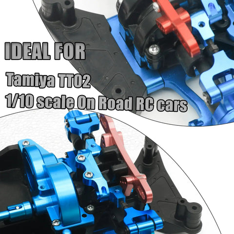 Aluminum Suspension Arm Mount Set For TT02 One Tenth On Road RC Car showing blue and red alloy mounts for Tamiya TT02 models.