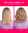 Before and after using InfinitiPRO Curl Secret Ceramic Auto Curling Iron With Three Quarters Inch Barrel for effortless curls.
