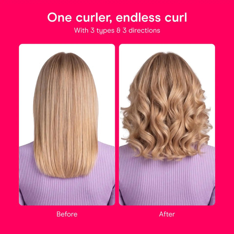 Before and after using InfinitiPRO Curl Secret Ceramic Auto Curling Iron With Three Quarters Inch Barrel for effortless curls.