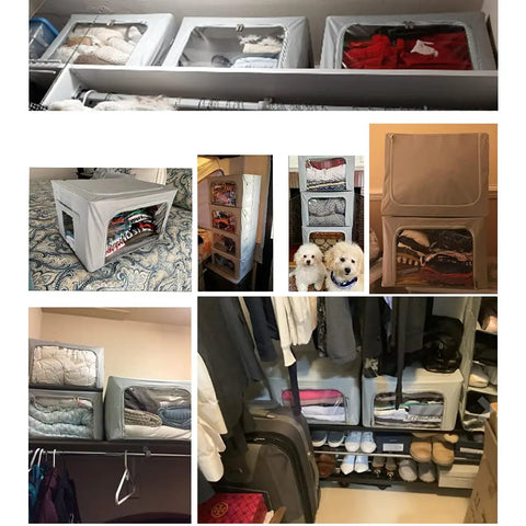 Stackable Gray Closet Storage Bins 3 Pack With Metal Frame, 40L Each, neatly organizing clothes and bedding in closets.