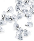 100 Pack Clear Pvc And Steel Shelf Pegs With Dead Simple Install And Rock Solid Grip For Cabinets Or Bookshelves, clear shelf pegs on white background.