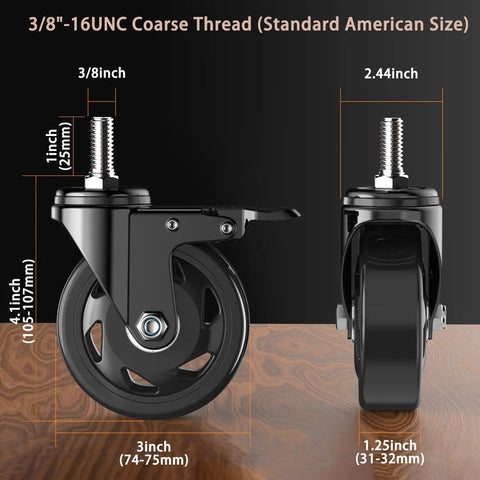 3 inch swivel caster wheel set with 3/8 threaded stem, designed for smooth rolling and heavy load carrying, black polyethylene.
